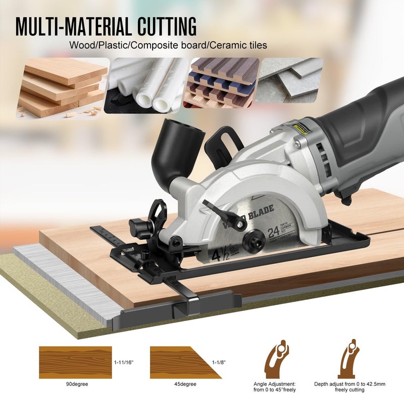 Inequalit 710W Mini Circular Saw, 5200RPM 6Amp Corded Compact Saw with 4-1/2" 24T TCT & 60T HSS Blade, Parallel Guide Ruler, Allen Wrench, Vacuum Adapter, Max Cutting Depth 1-2/3"(90°) 1''(45°) - Image 4
